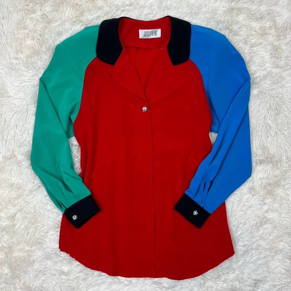 Vintage color block blouse red green blue and black sparkly buttons Sz 8